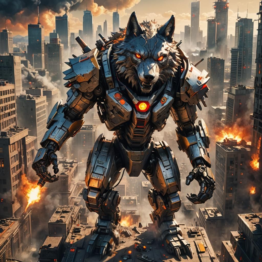 Giant Robot Wolf Destroys City: Hyper-Realistic Concept Art
