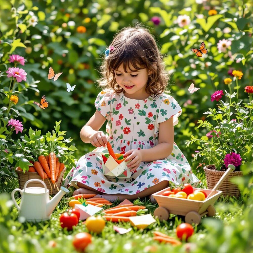 Girl Plays in Sunny Garden with Origami Vegetables