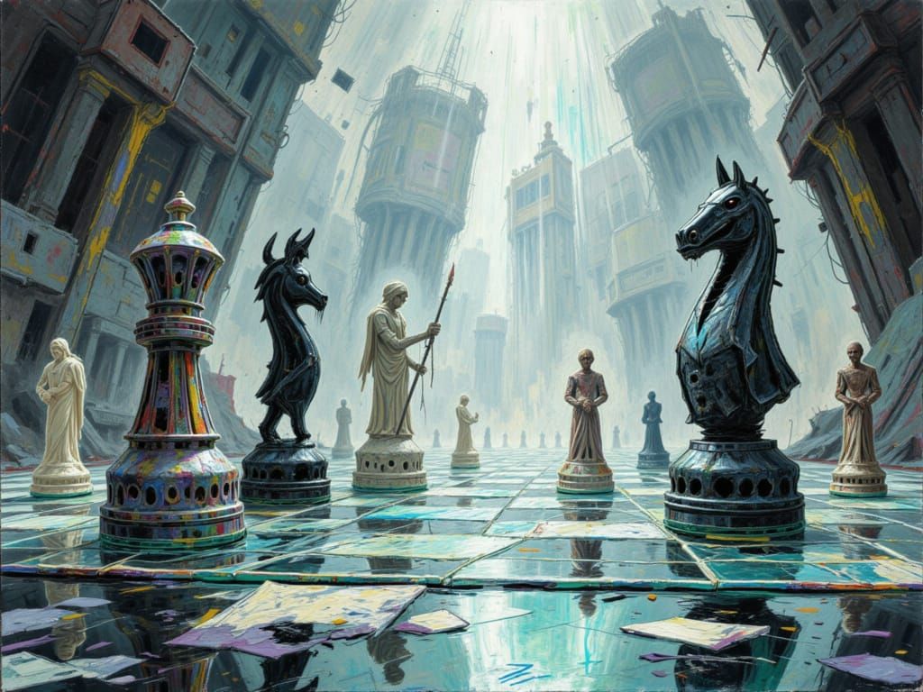 Futuristic Chess Set in Sunlit Hall