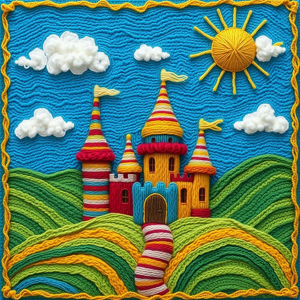 Whimsical Wool Castle in Folk-Art Landscape