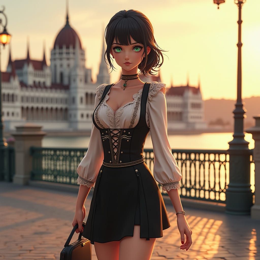 Stunning Hungarian Woman in Elegant Folk Attire on the Danub...