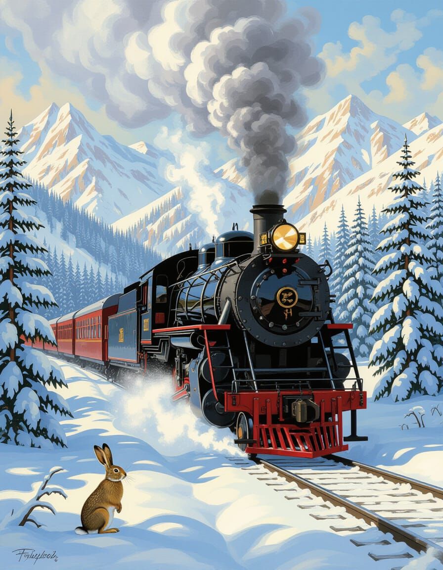 Vintage Steam Train Traveling Through Forest & Mountain Area...