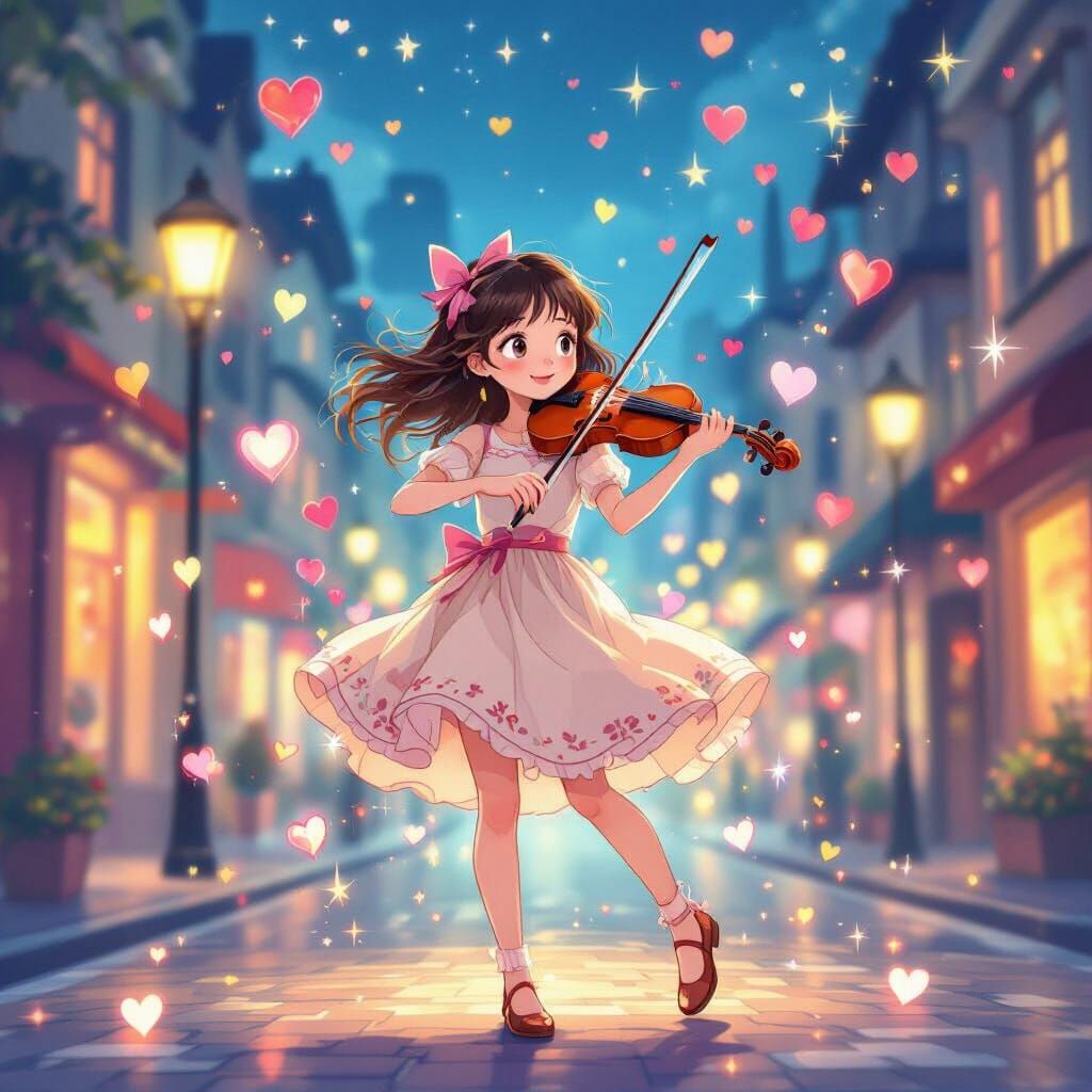 Cartoon Girl Playing Violin in City, Anime Style