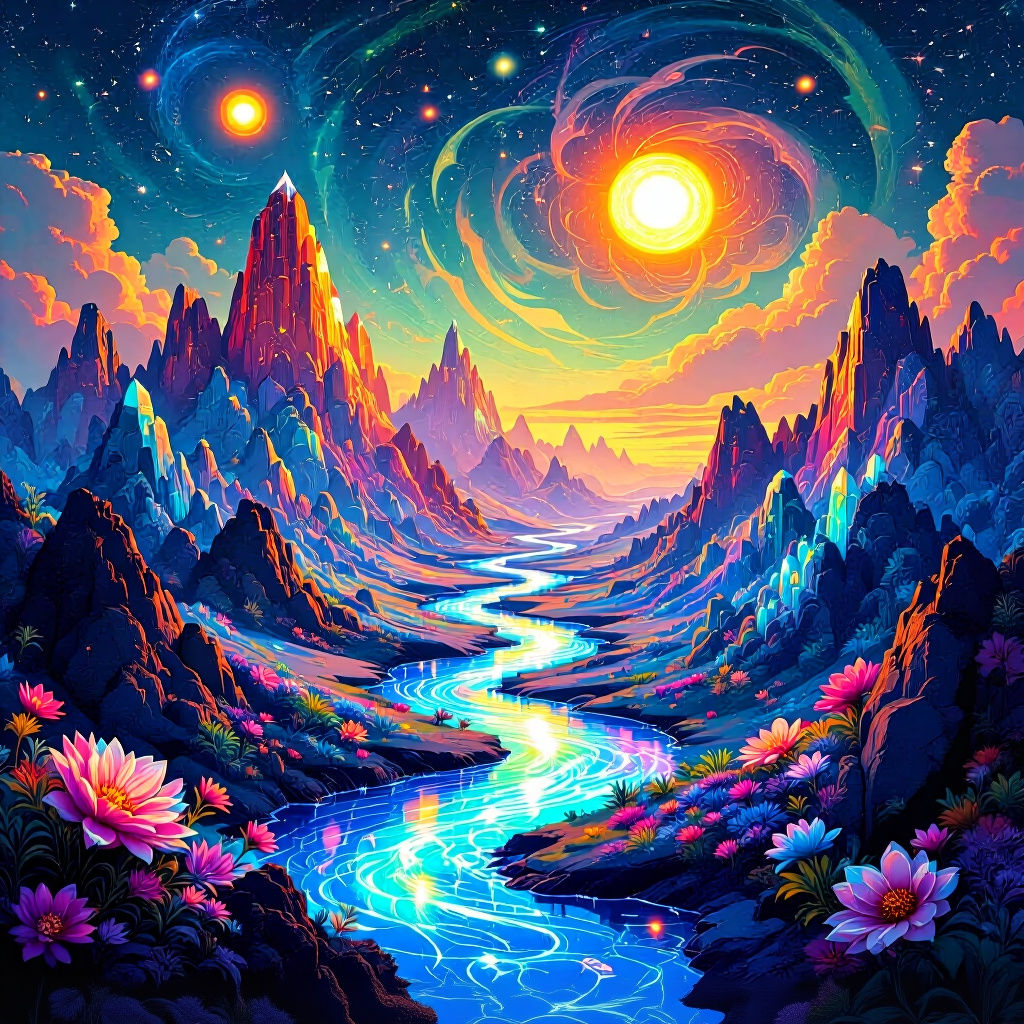 Kaleidoscopic Alien Landscape with Crystalline Fractals