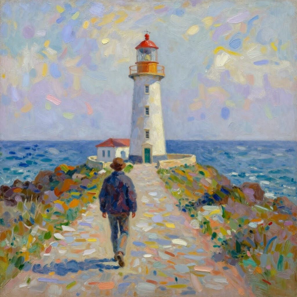 Person Walks Towards Lighthouse on Stone Road Beside Sea