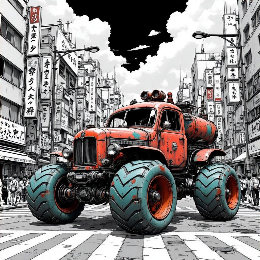 Steampunk Robot Truck in Japanese Manga City