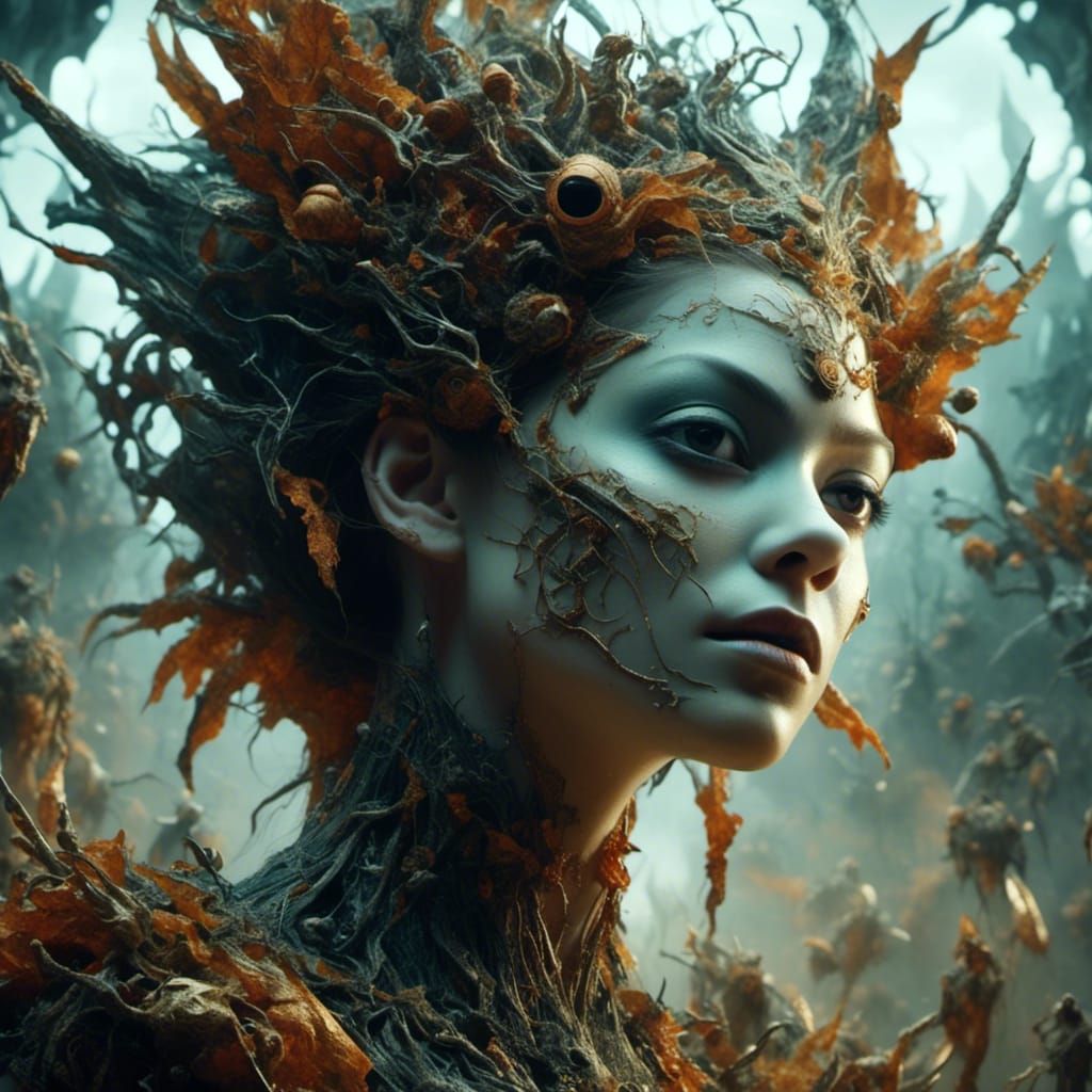 Ethereal Chaos: Alluring Woman's Sinister Gaze