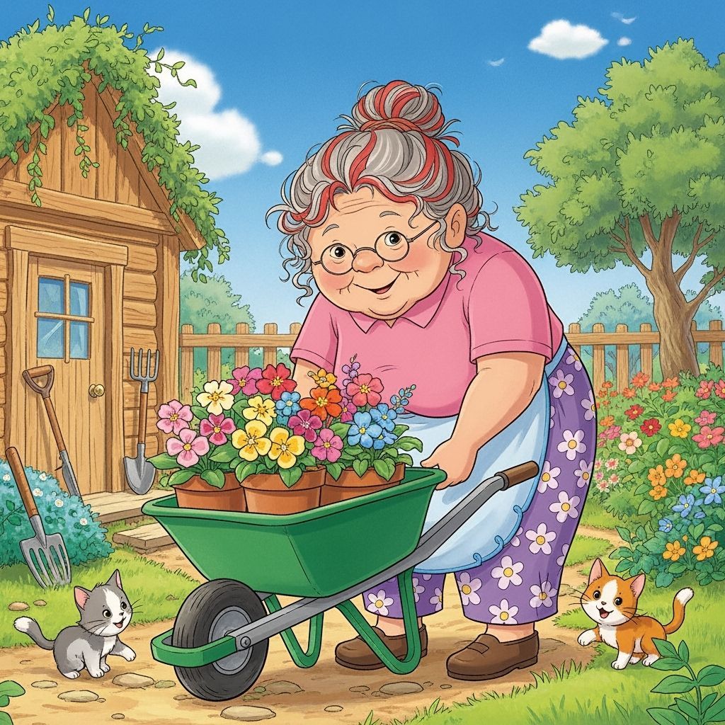 Granny Gardening with Kittens in Storybook Style