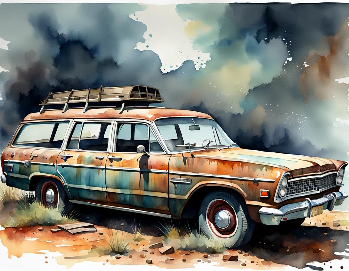 Nostalgic Watercolor of a Rusty Old Station Wagon