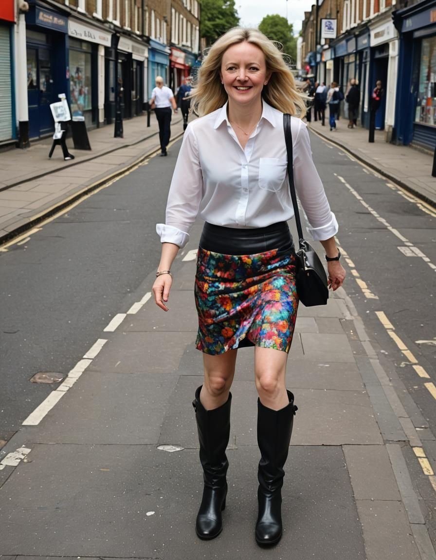 Woman in Floral Skirt: Pointillist Street Scene
