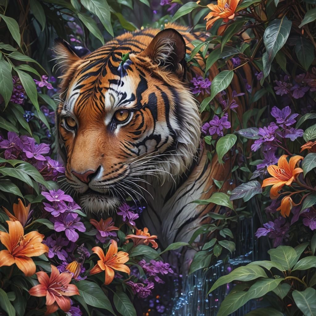 Tiger Eyes Amidst Flowers, James Jean Style