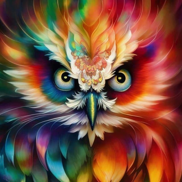 Rainbow Chibi Owl in Detailed Gouache Style