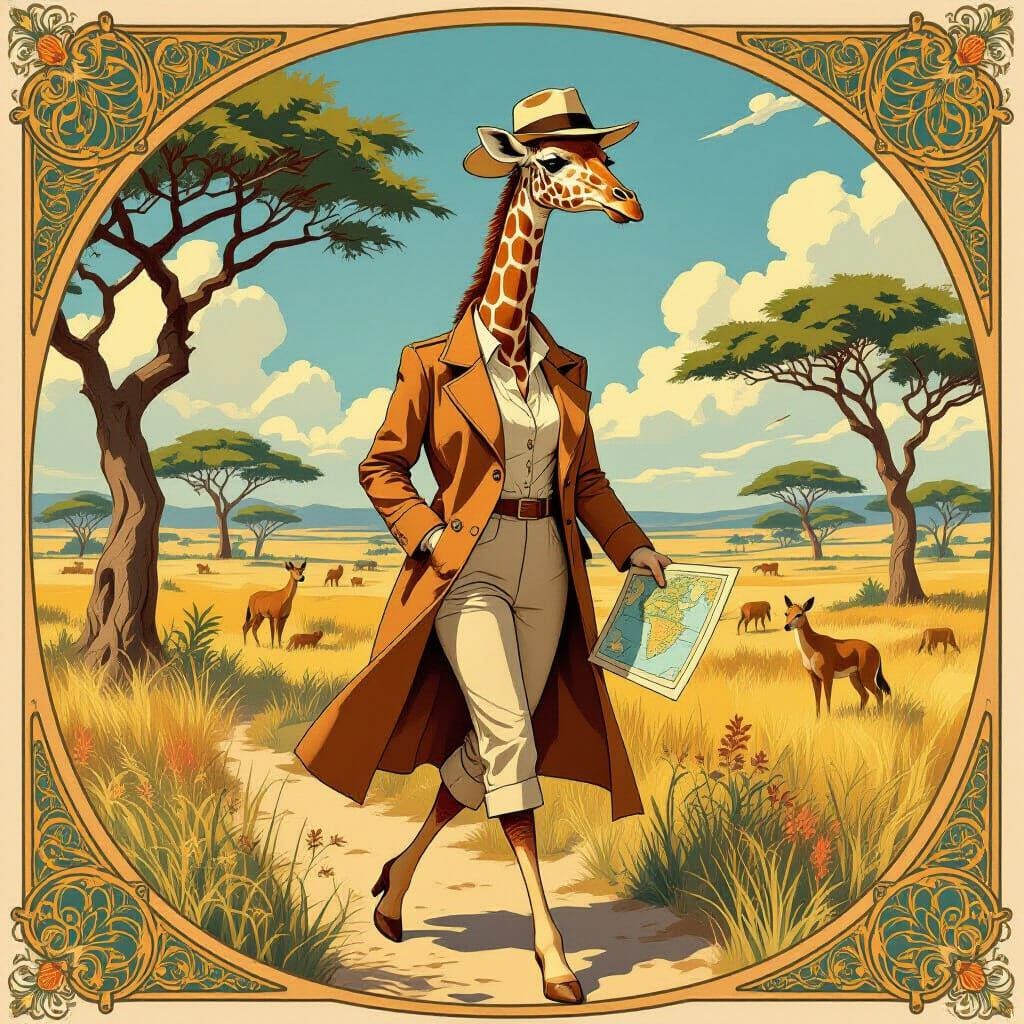 Giraffe Woman Strolls Through Savanna, Art Deco Style