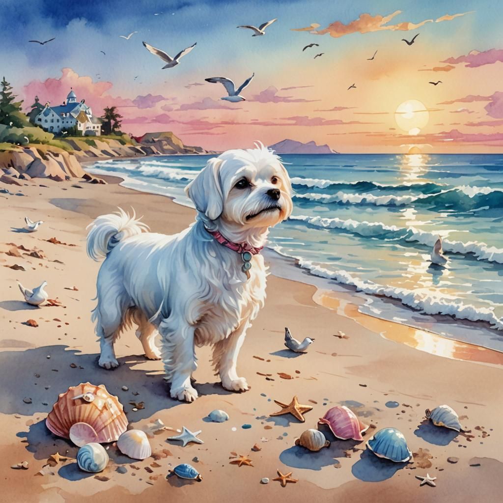 Maltese Dog Sniffs Shell on Beach, Watercolor