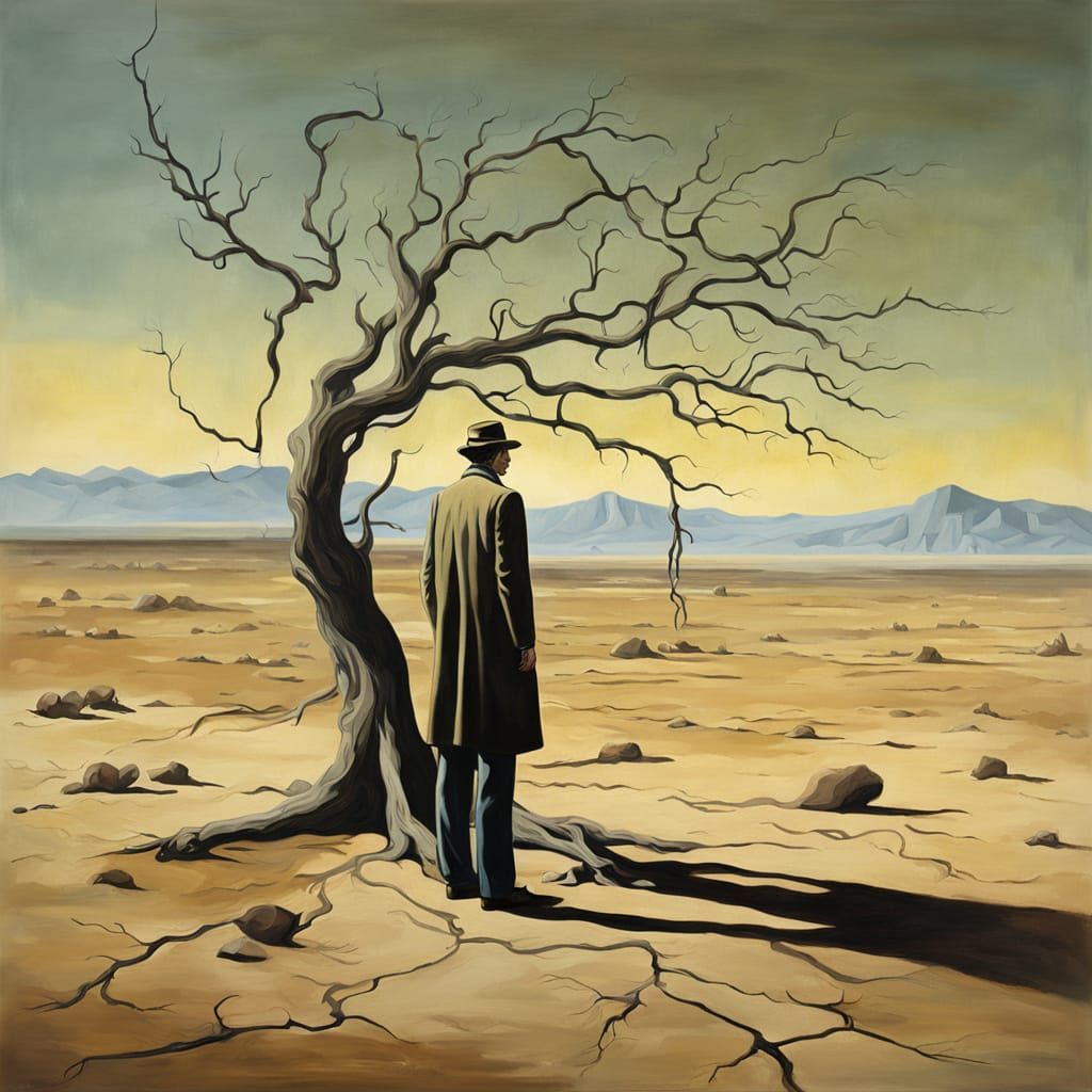 Surreal Man Awaits by Barren Tree in Desolate Landscape