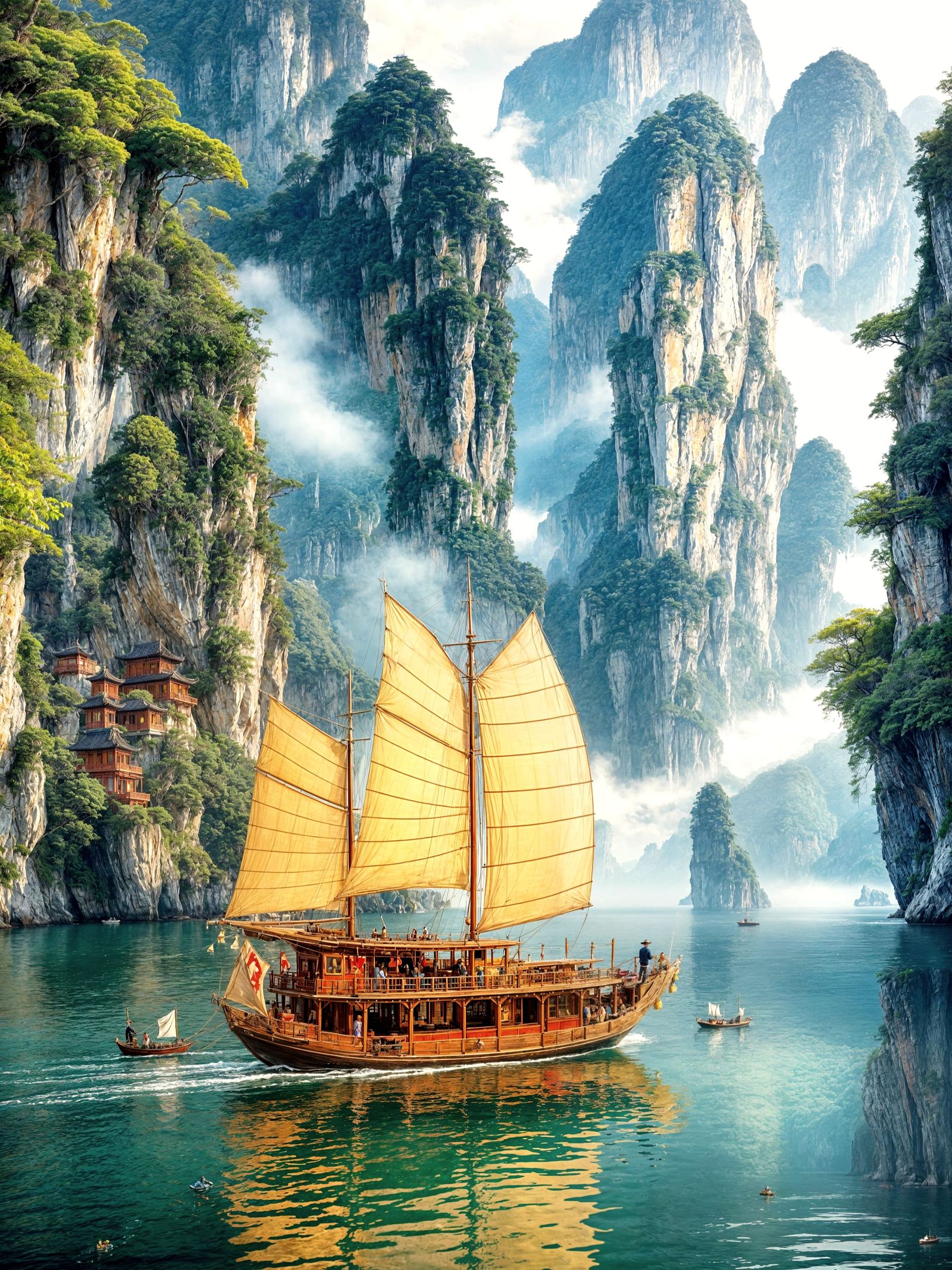 Elegant Junk Ship Sails Through Karst Landscape