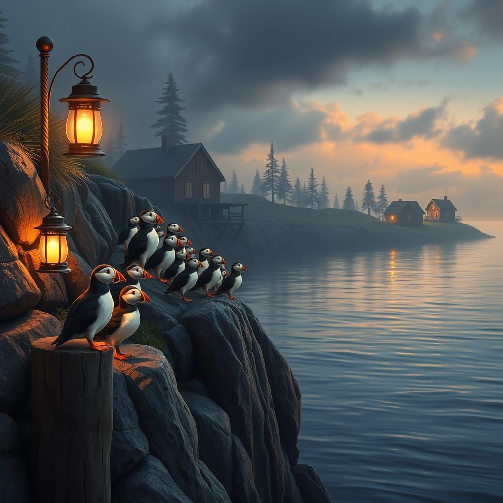 Puffins by Cliffside Burrows in Hyper-Realistic Detail