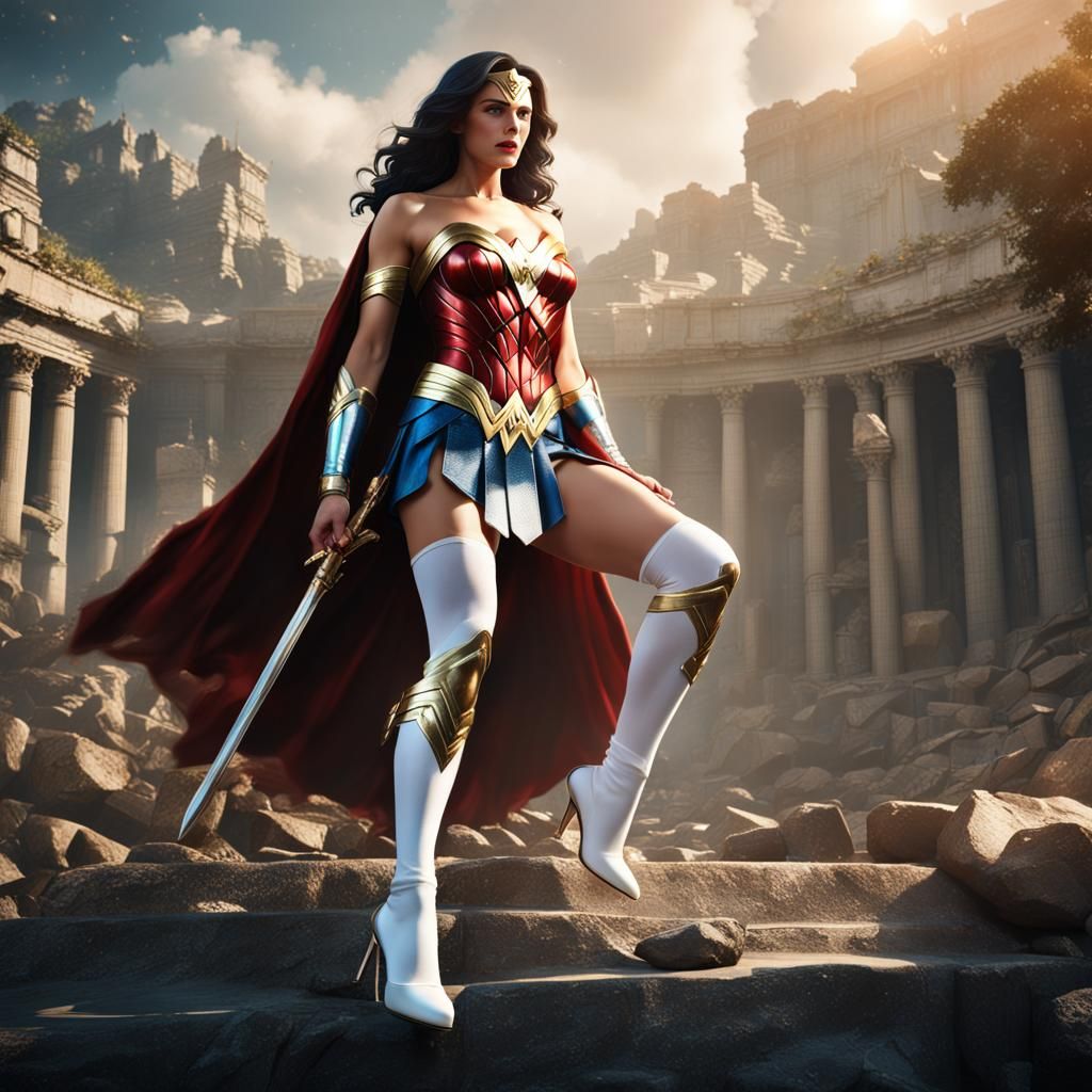 A Beautiful Wonder Woman in white stockings and white high heels