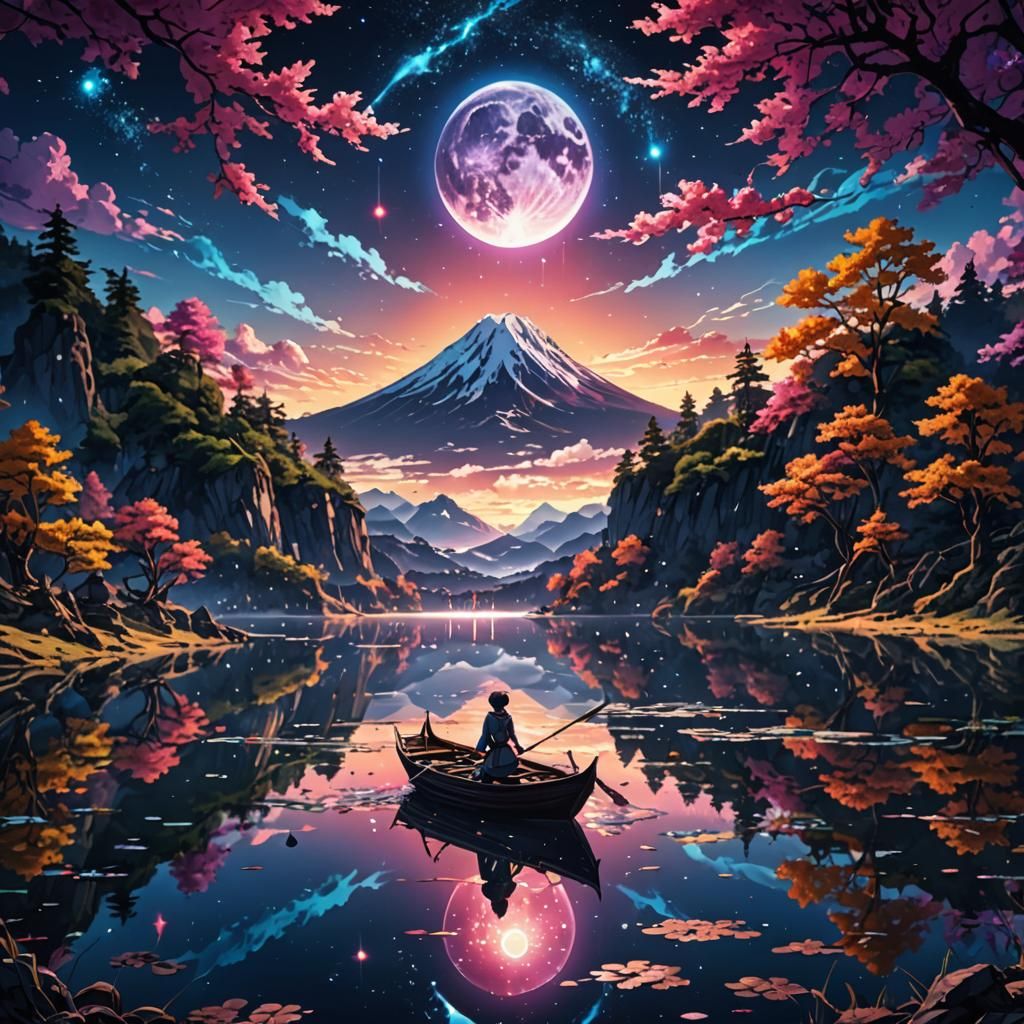 Cosmic Moonlit Lake in Anime Art Style