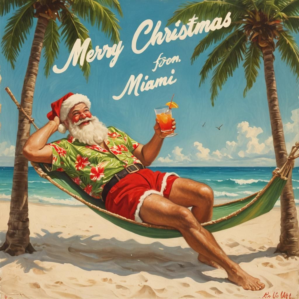 Santa's Miami Christmas: Vintage Americana Postcard