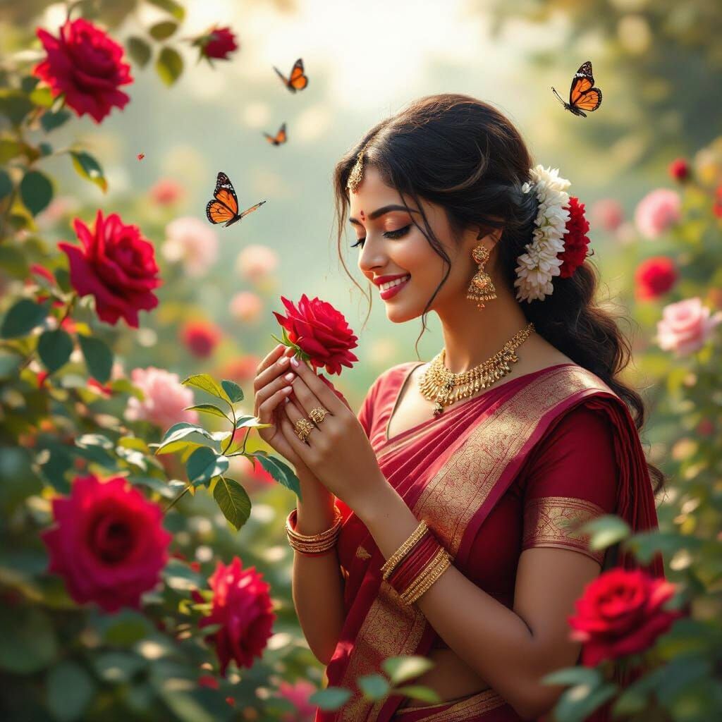 Joyful Woman in Saree Smells Roses in Vibrant Garden