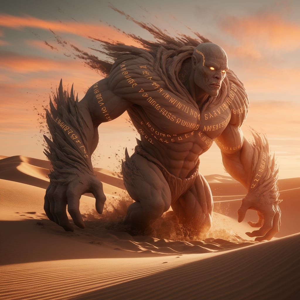 Ethereal Fantasy Sand Golem Emerges at Sunset
