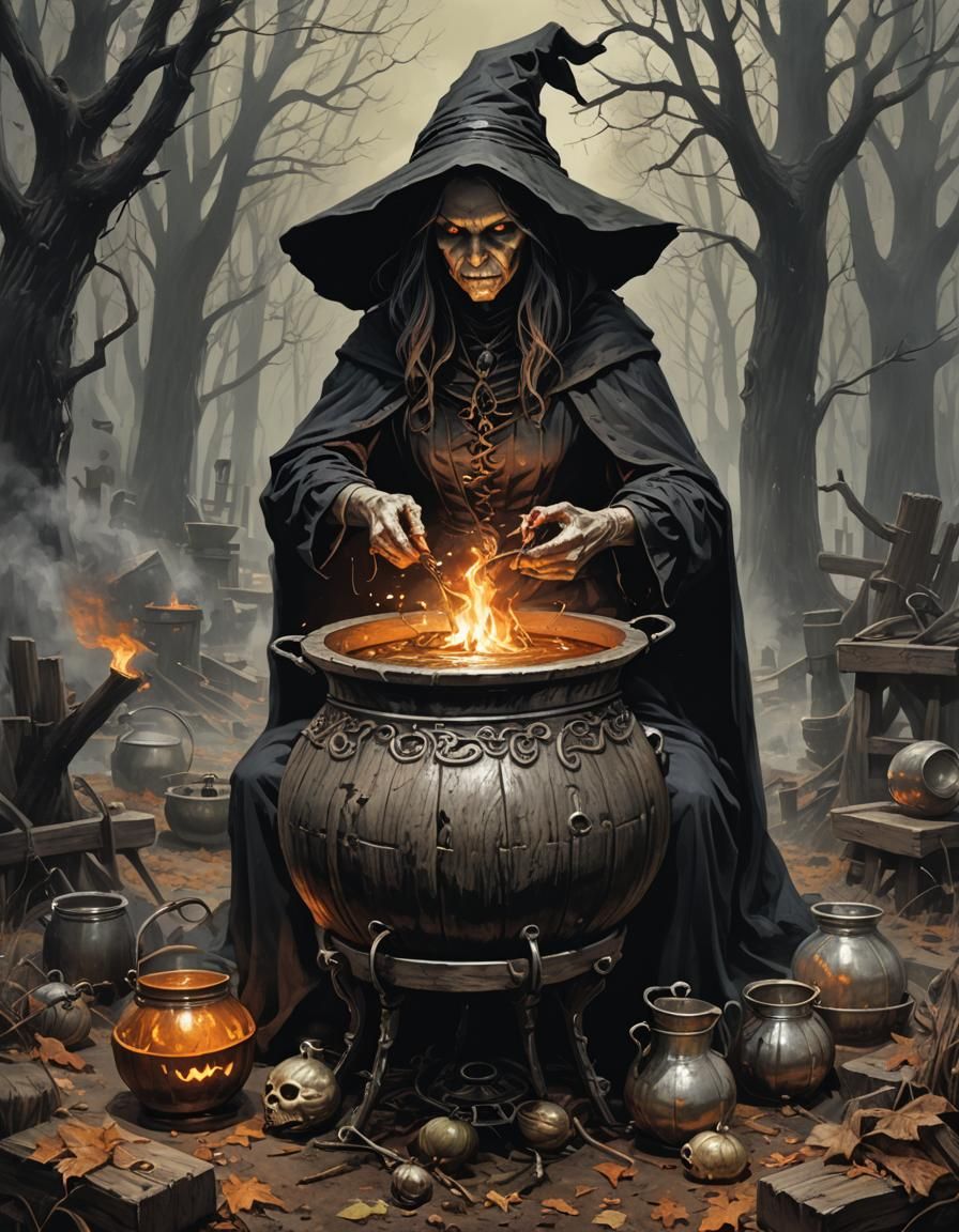 Folk-Horror Salem Witch Brewing Cauldron Potion