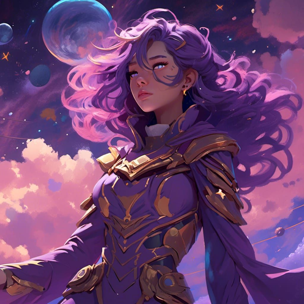 Galaxy Girl Among Purple Stars in Detailed Matte Painting