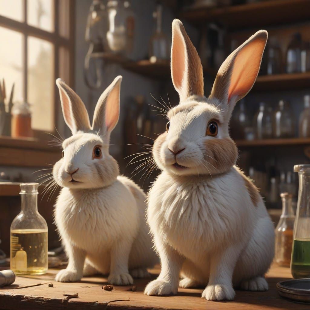 Scientists and Rabbits in a Lab: Vibrant Oil Painting