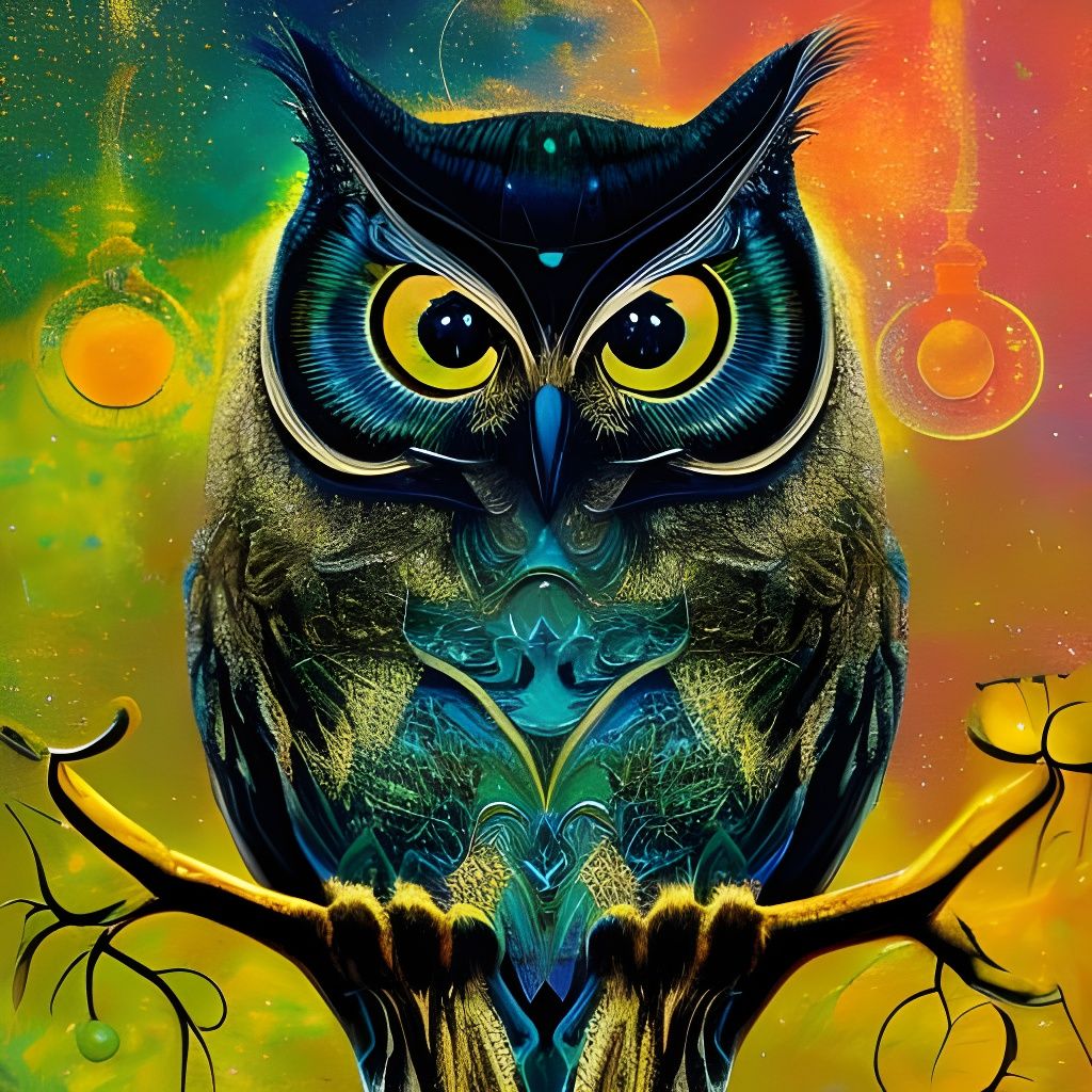 Sci-Fi Feline Owl in Iridescent Impasto Painting