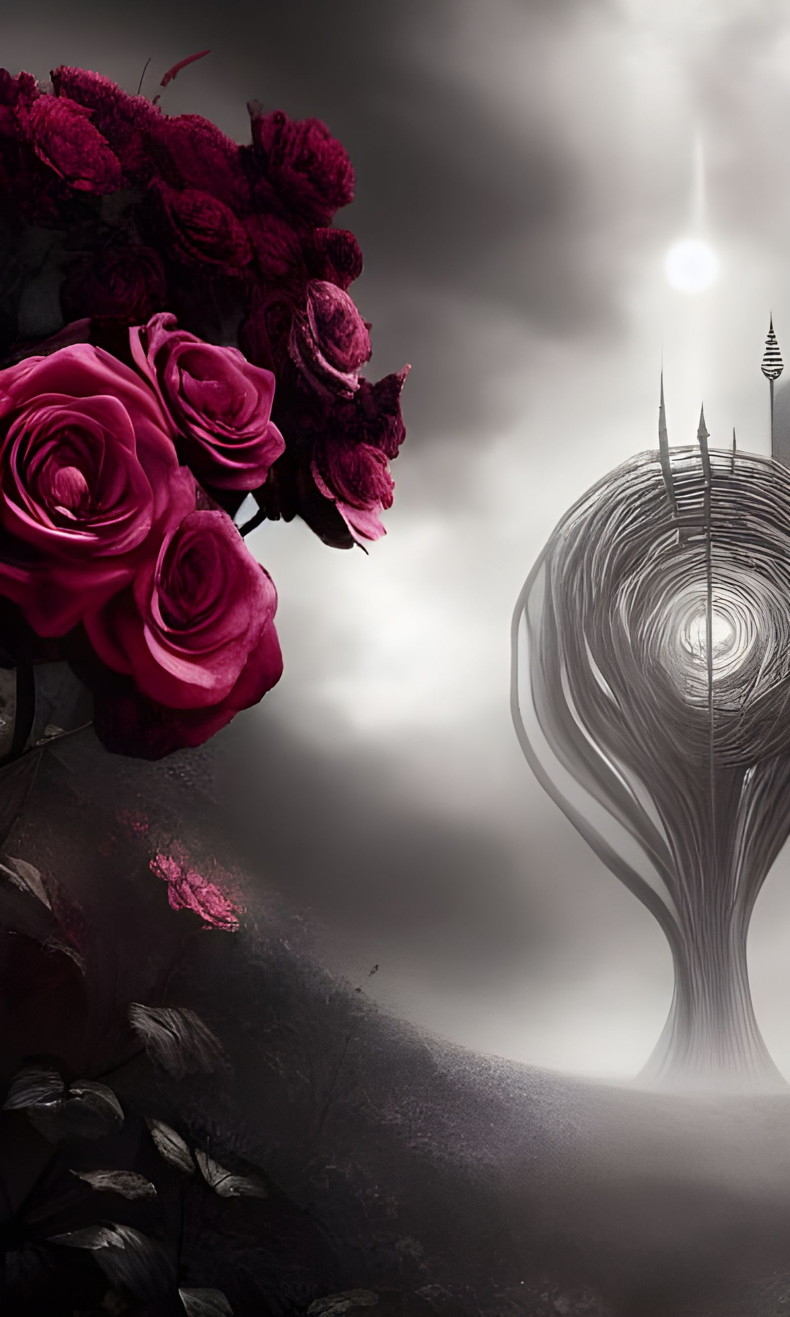 Rose and Dark Tower in Surreal Style