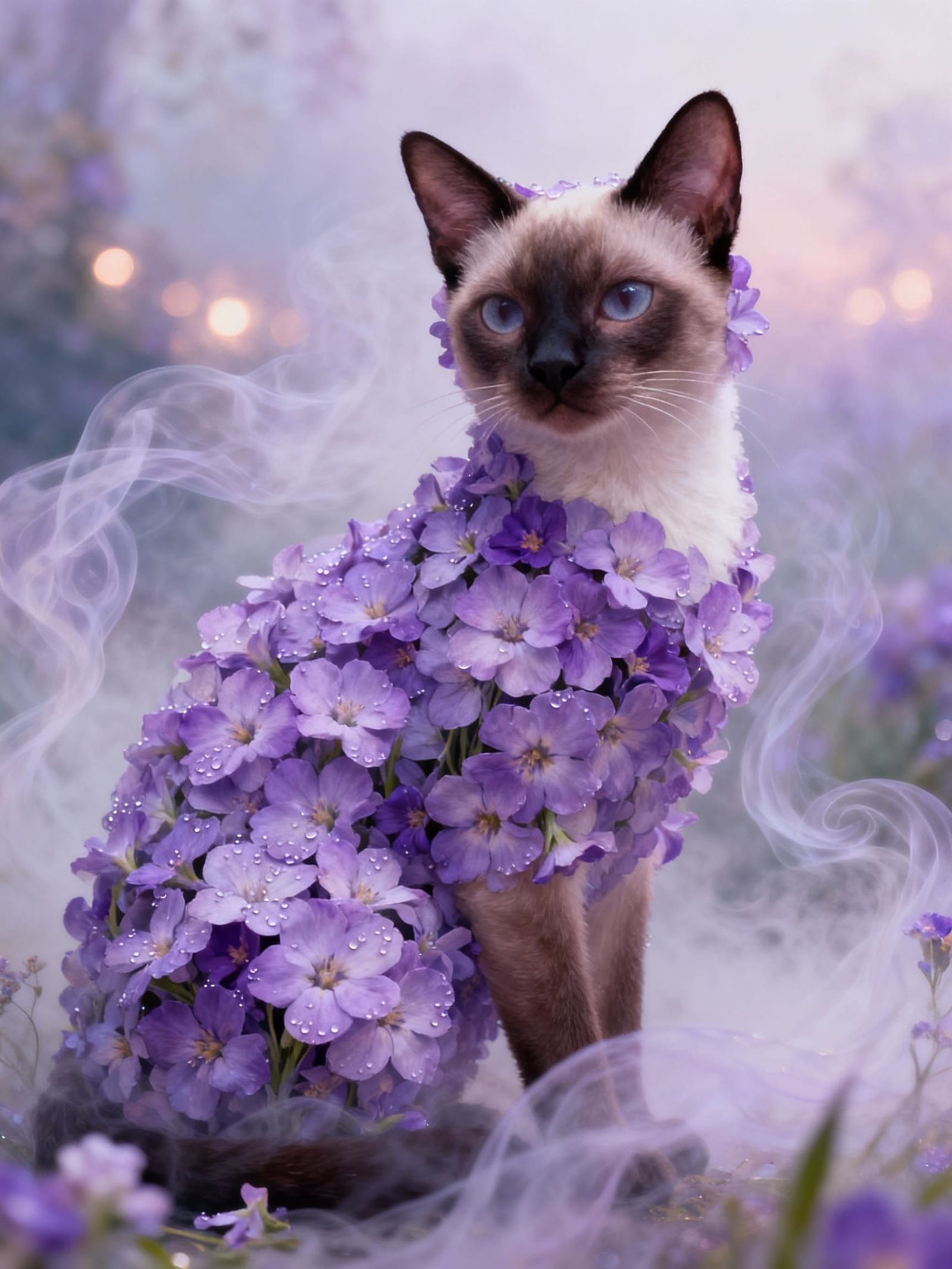 Ethereal Siamese Cat Crafted from Violets