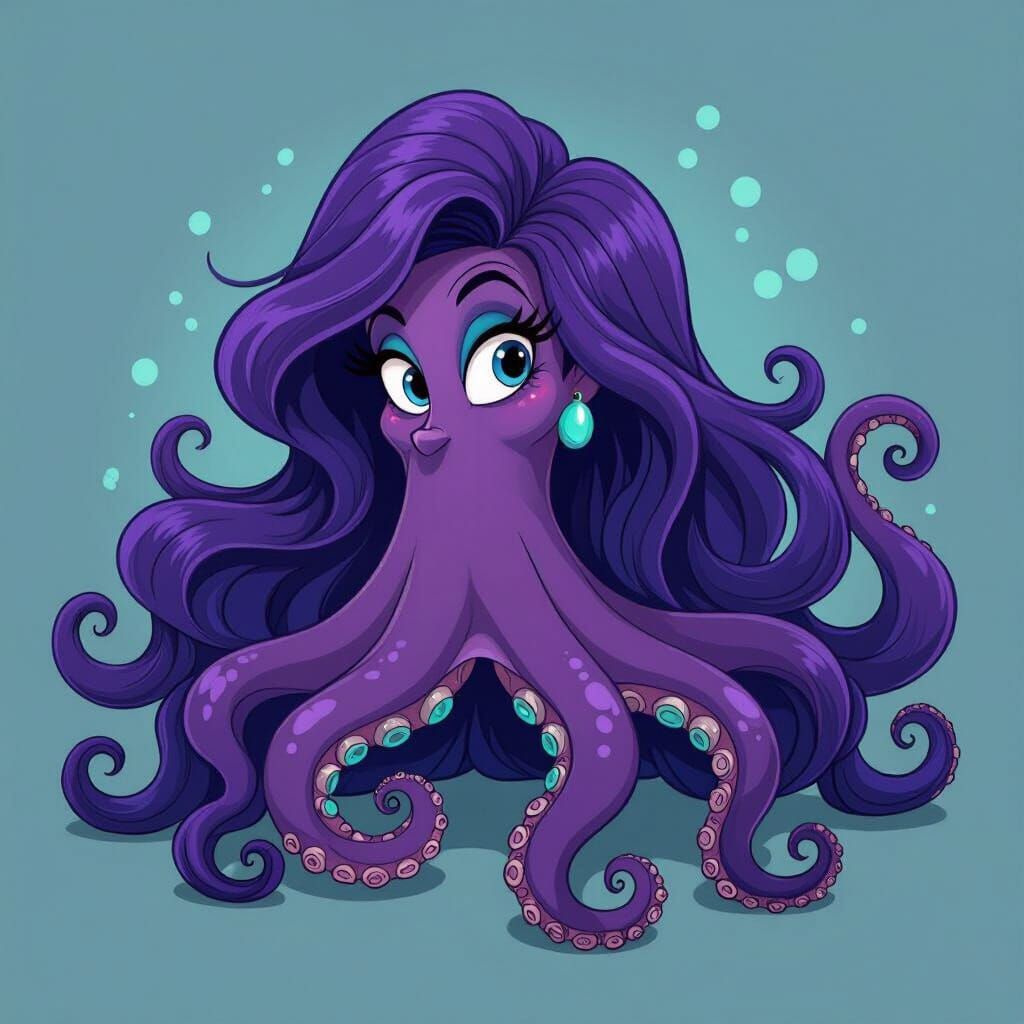 Ursula Octopus with Flowing Purple and Turquoise Hair
