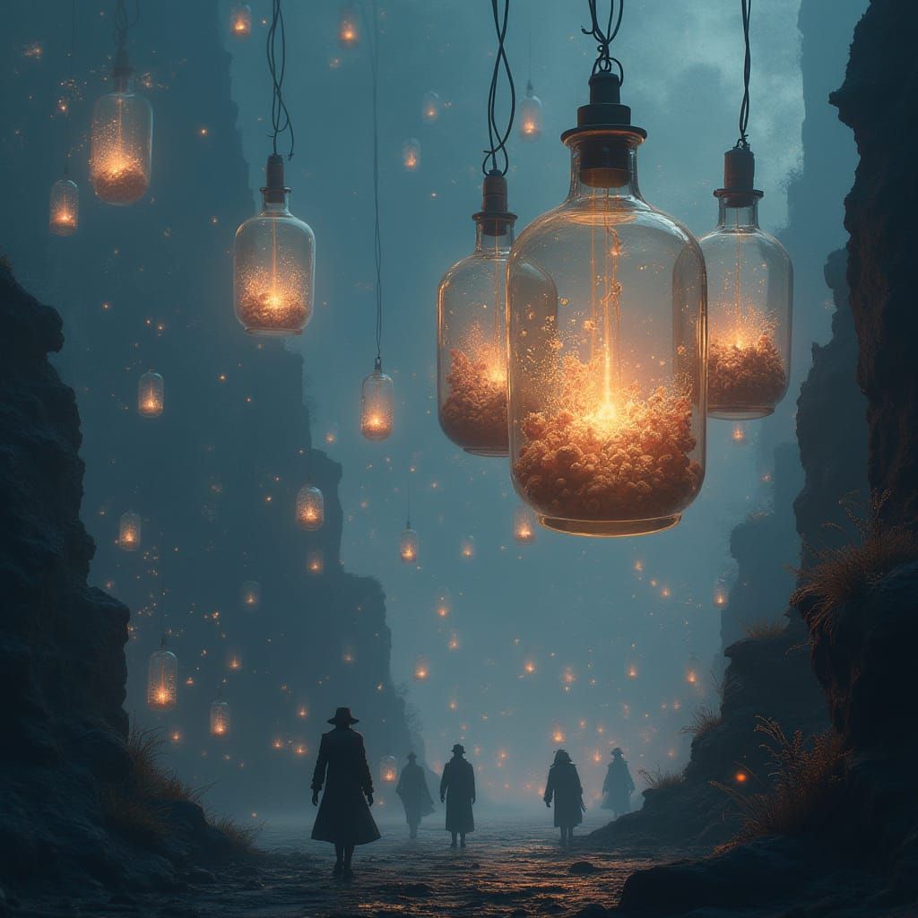 Ethereal Dreams in Glass Bottles Above Fantastical City