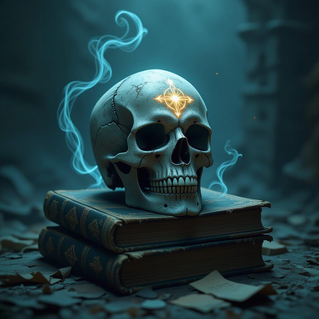 Mechanical Skull with Arcane Symbols on Tomes