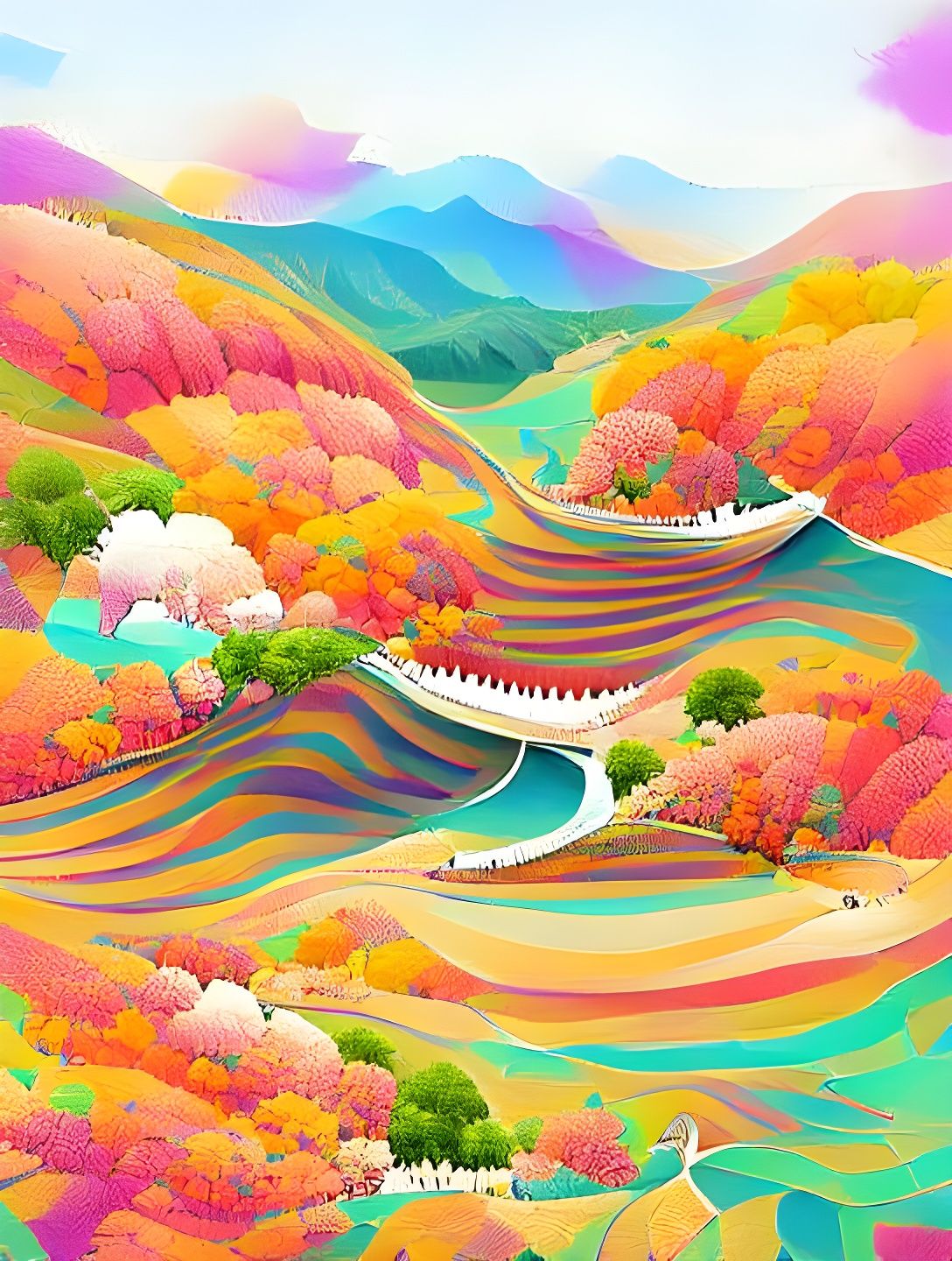 Colorful Whimsical Valley Illustration in Decorative Style
