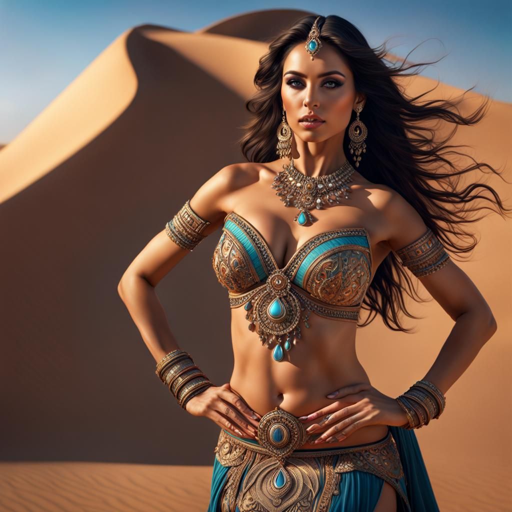 Brunette Belly Dancer in Desert: Photorealistic Digital Art