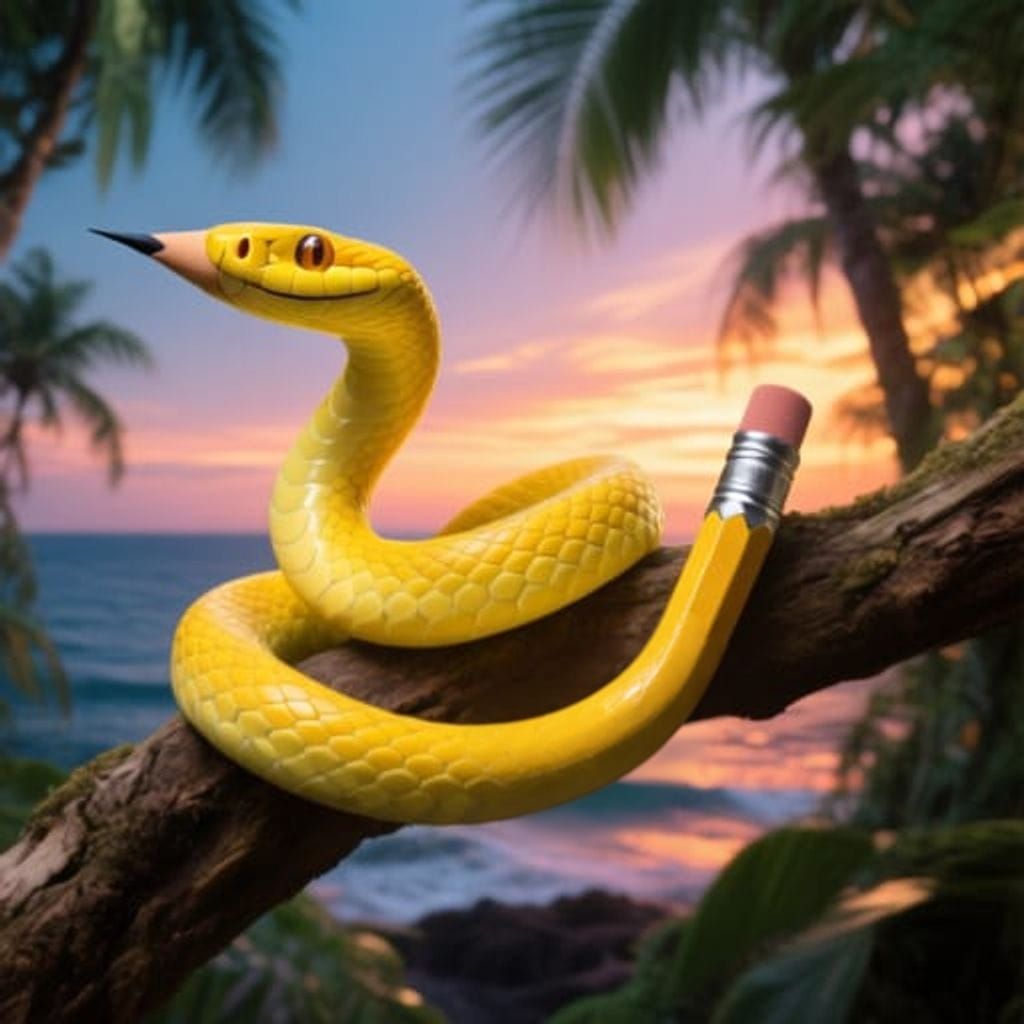 Yellow Pencil Snake Coiled on Branch at Sunset