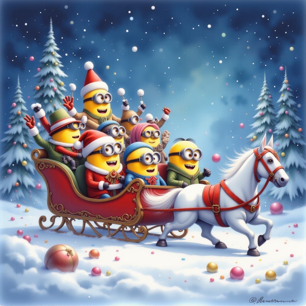 Whimsical Minions Joyfully Ride a Sleigh in Snowy Twilight