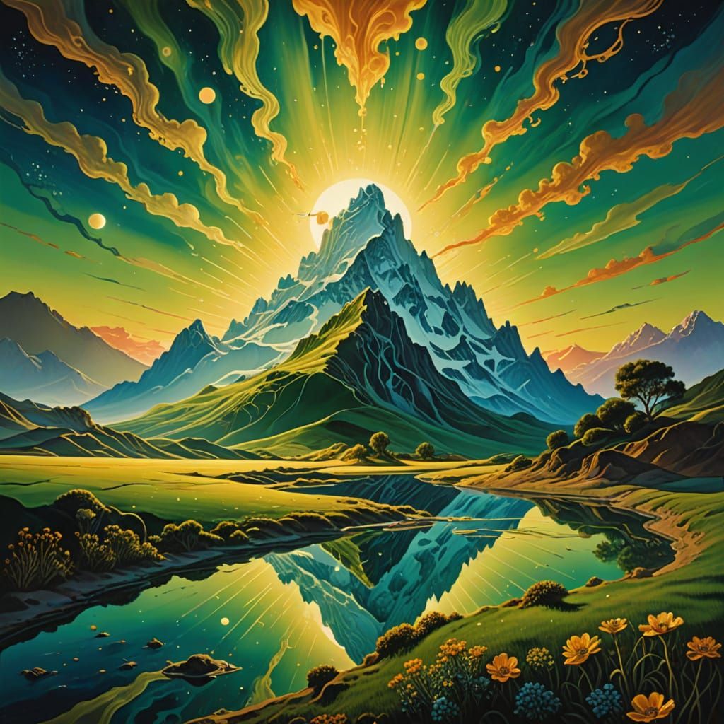 Majestic Mountain Range in Vibrant Green Nebulae