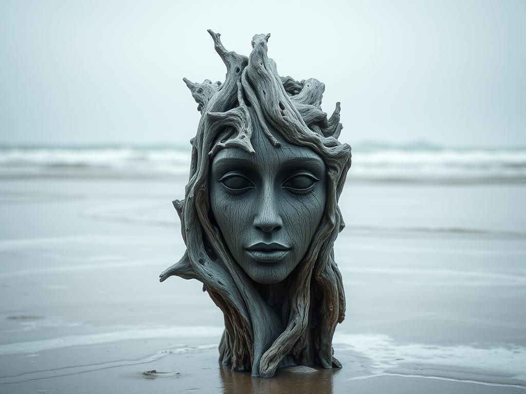 Driftwood Sculpture on Icy Beach in Ethereal Portrait