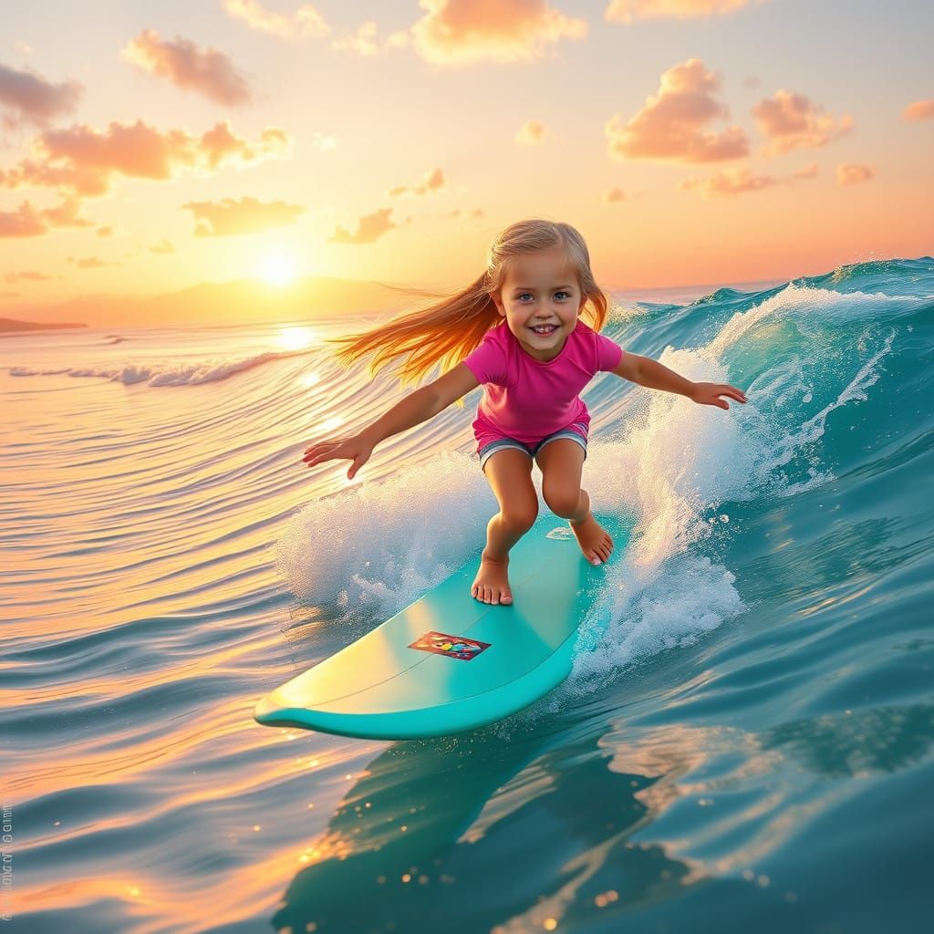 Joyful Surfing Girl in Dreamy Ocean Scene