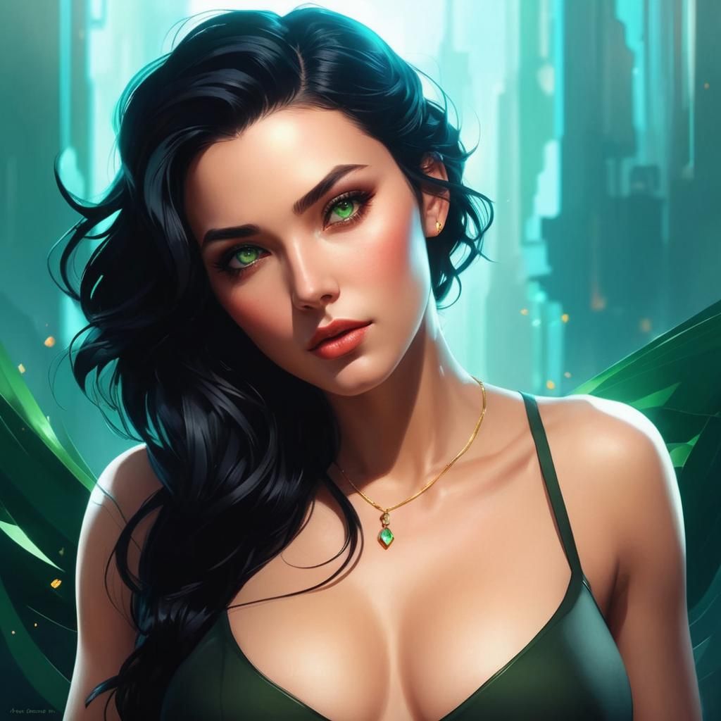 Woman with Green Eyes in Hyperdetailed Portrait