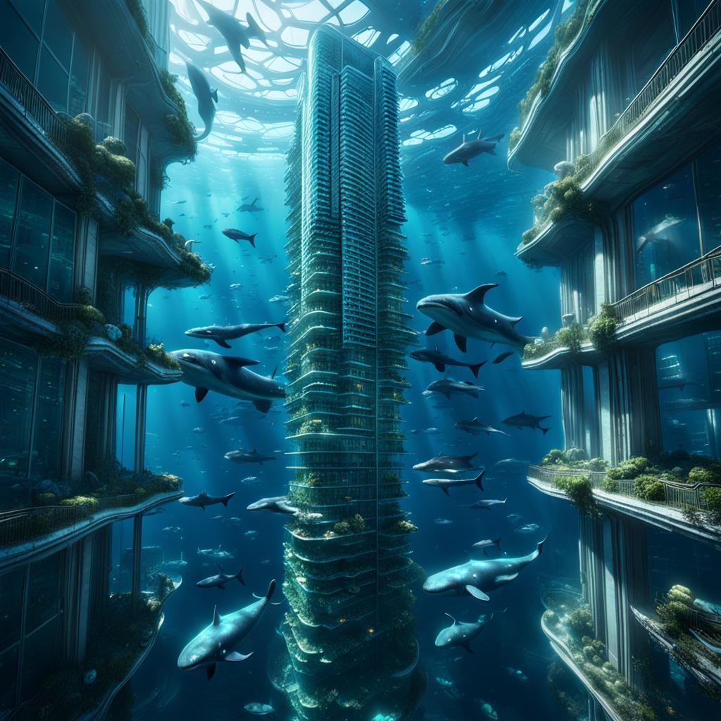 Underwater Skyscraper with Whales in 3D Cinematic Style