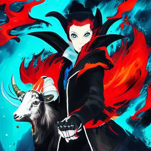 Anime Style Woman with Fiery Gloves and Goat Horns