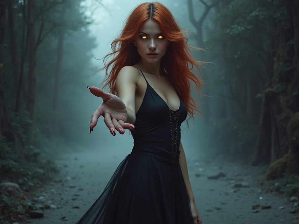 Mystical Woman Beckons with Hypnotic Gaze in Dark, Gothic St...