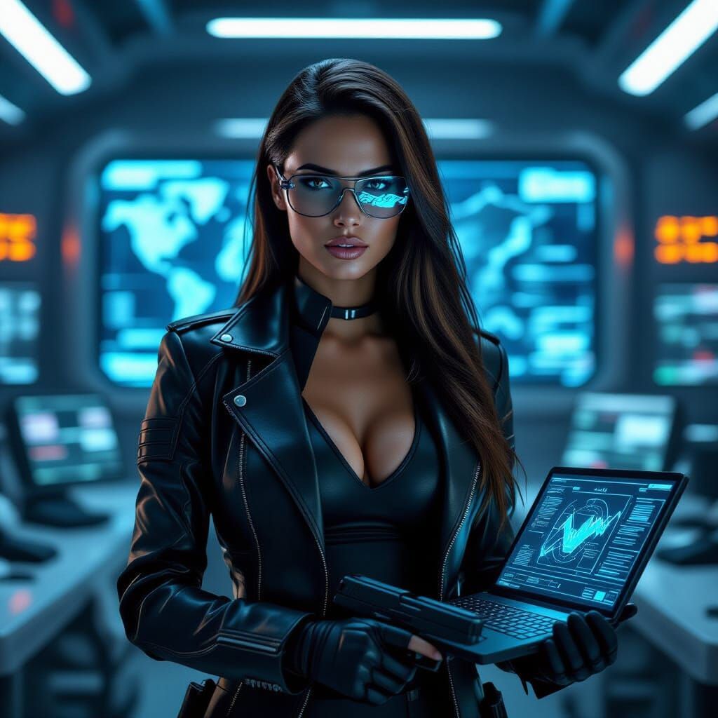 Secret Agent in High-Tech Control Room, Cyberpunk Style