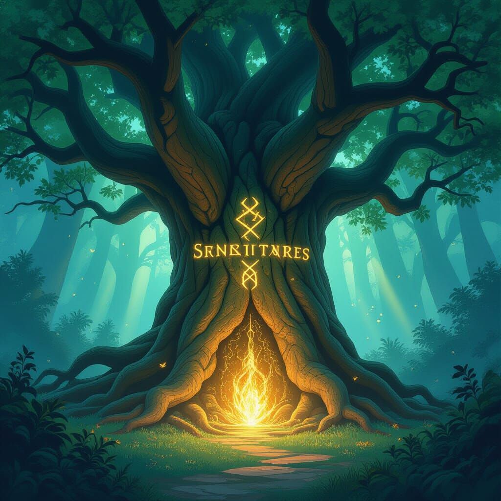 Ancient Tree Sanctuary with Glowing Runes and Mystical Artif...