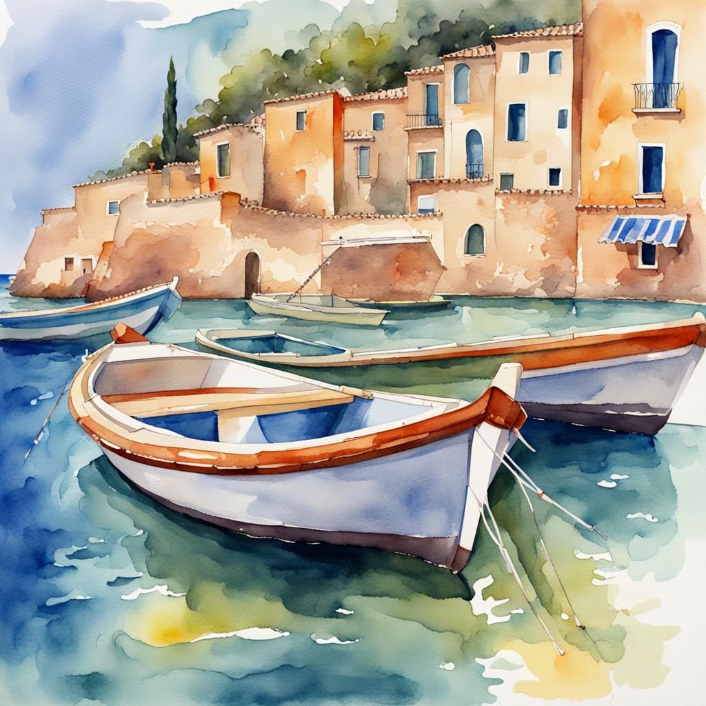 Watercolor Tourist Boats on the Mediterranean Sea