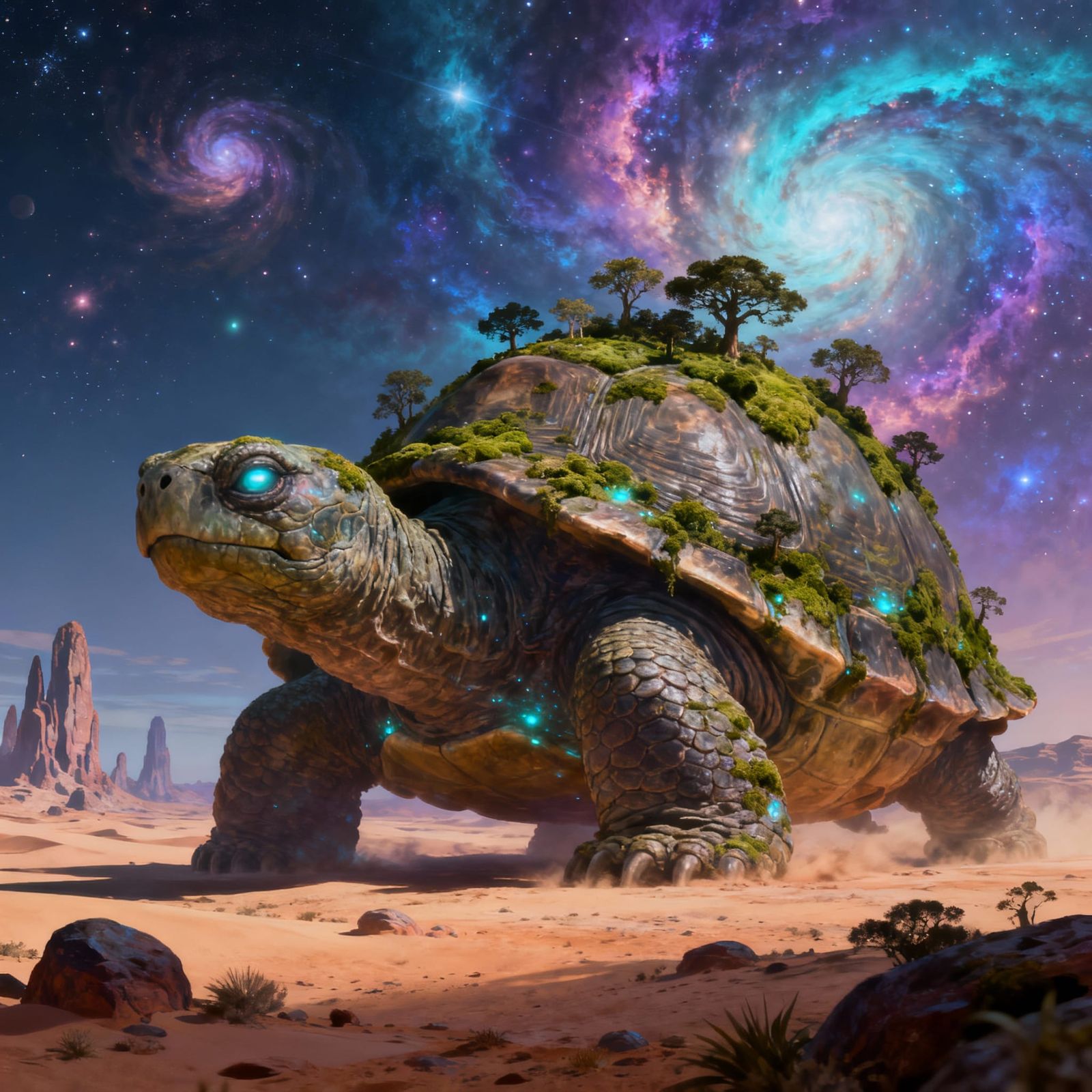 Ancient Tortoise Crosses Alien Desert Under Nebula Sky